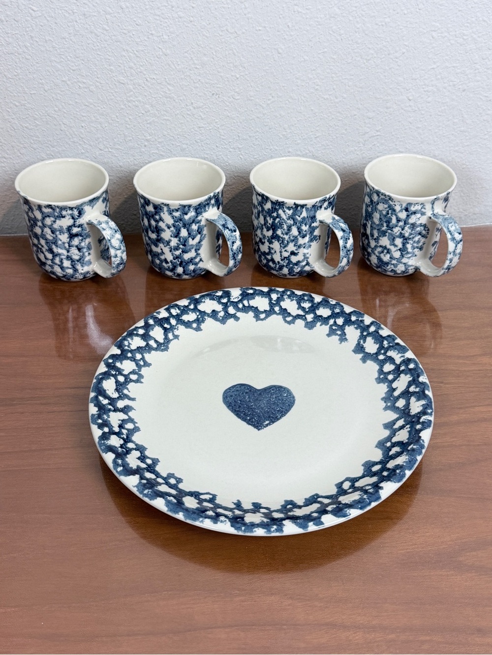 Vintage Blue & White Tienshan Spongeware 4 Mugs, 10.5” Heart Plate